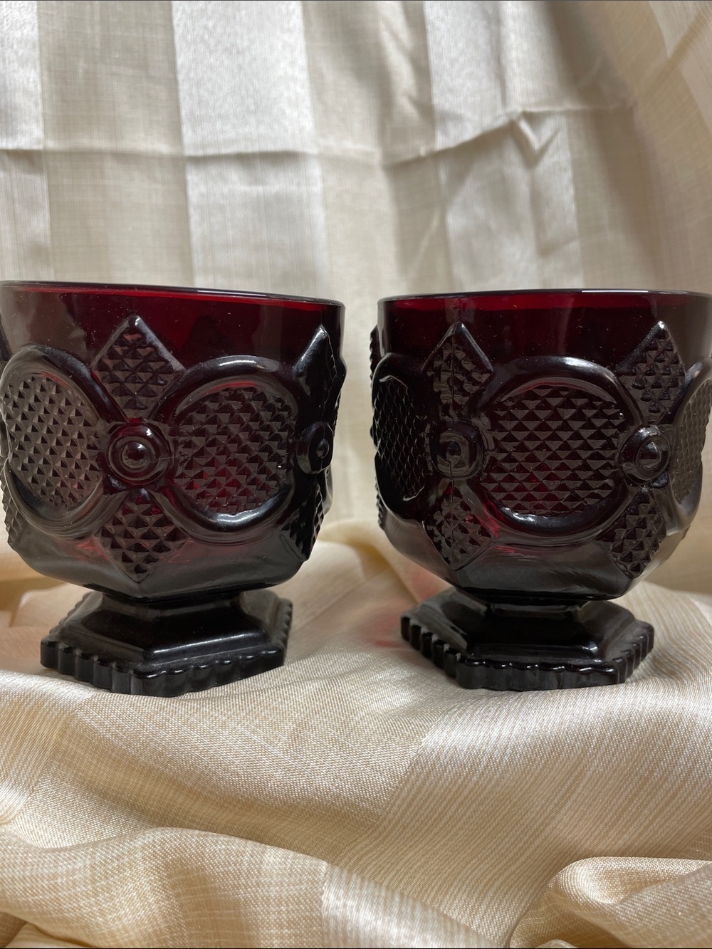 Avon Pair of Deep Red Ruby Pressed Glass Footed Tumbler